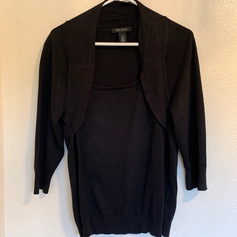 WHBM Black 3/4 Sleeve Knit Crop Front Sweater
